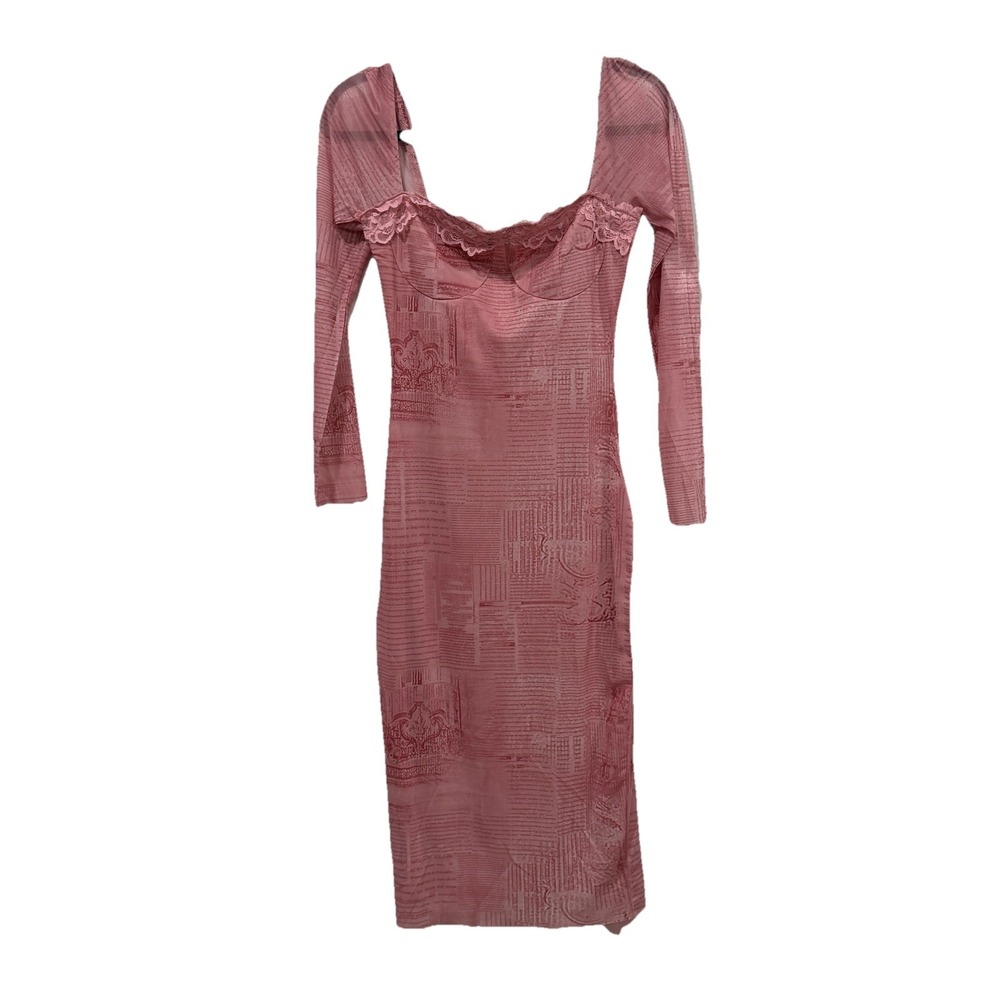 Women's Micas Pink Midi Dress Size‎ Large L Pink Mesh Lace Trim NWT